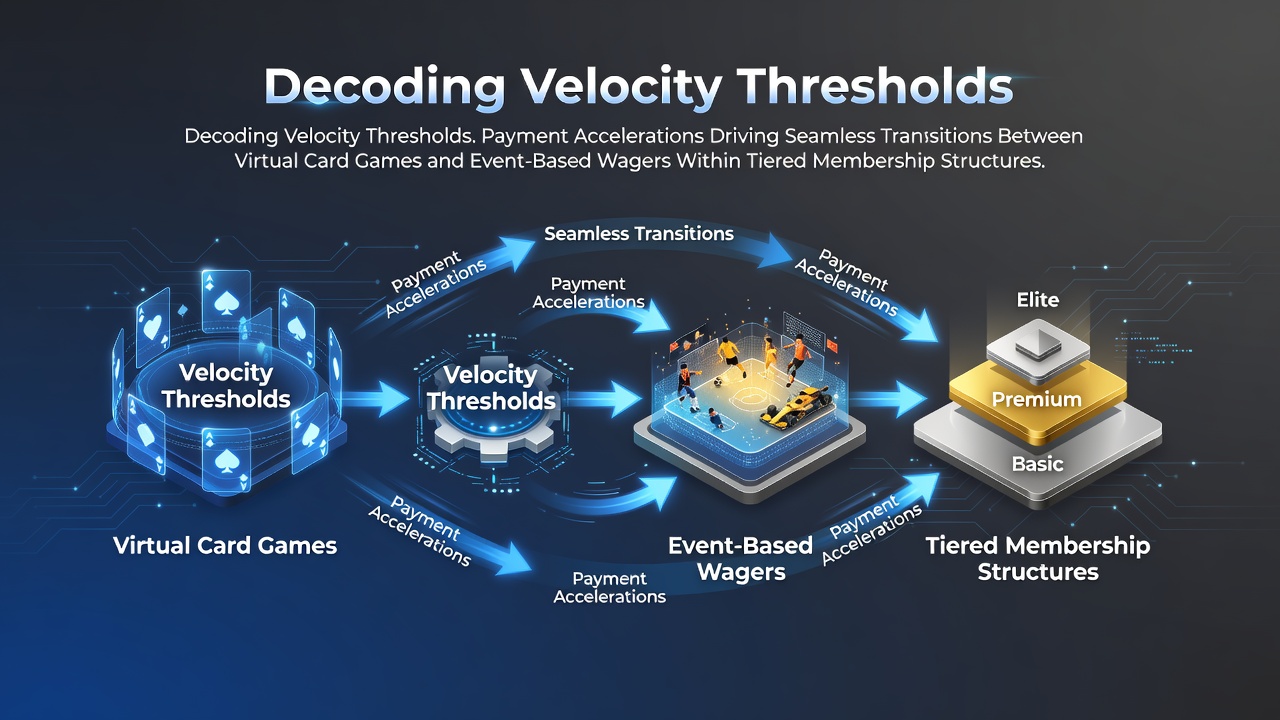 Abstract visualization of payment velocity thresholds connecting virtual card games with event-based wagers across tiered membership levels