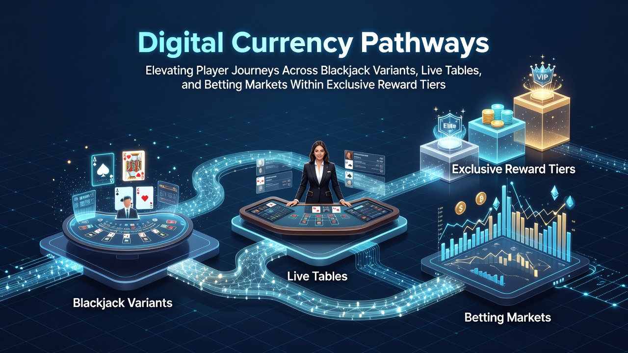 Digital currency icons overlaying blackjack tables and live dealer interfaces in a gaming environment