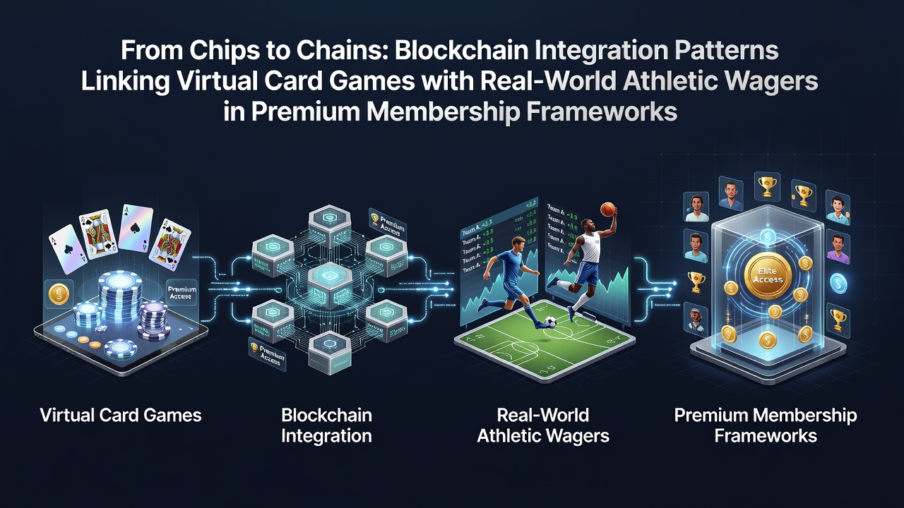 Blockchain network visualization connecting digital card game interfaces to sports betting terminals in a premium membership dashboard