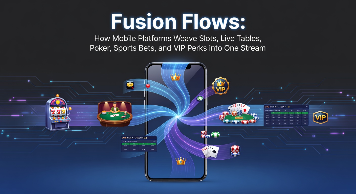 Mobile screen displaying integrated slots, live dealer tables, poker rooms, sports betting odds, and VIP rewards dashboard in a seamless interface