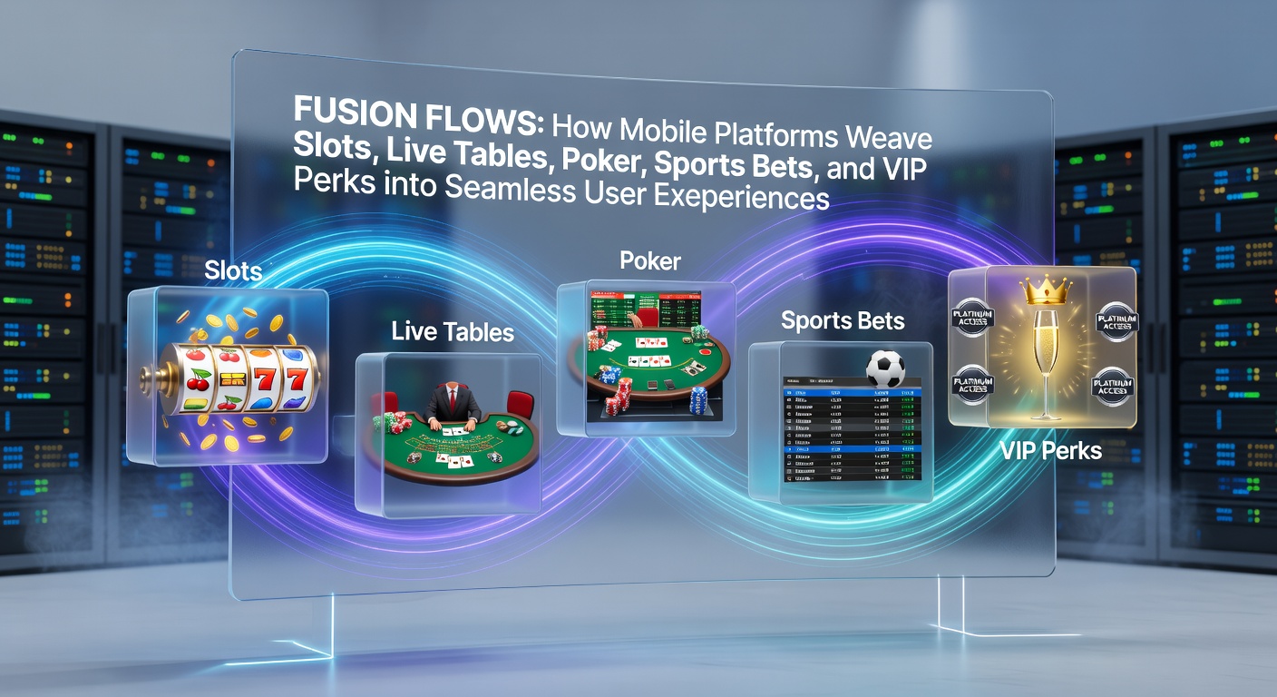 Dashboard view of fusion flow app showing simultaneous poker hand, live sports odds, slot reels spinning, and VIP perk notifications on a smartphone