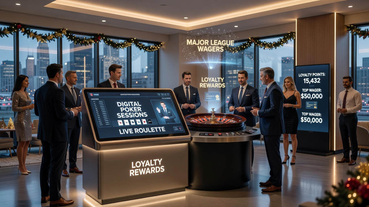 Integrated loyalty dashboard showing poker, roulette, and sports wager activity during holiday promotions