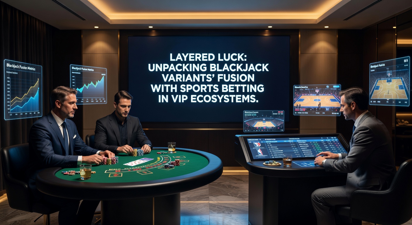 VIP player at a high-tech console merging blackjack variant screens with live sports events and dynamic odds