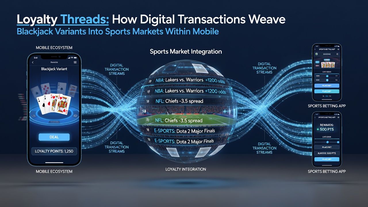 Diagram illustrating transaction flows between blackjack games, sports betting, and mobile reward tiers