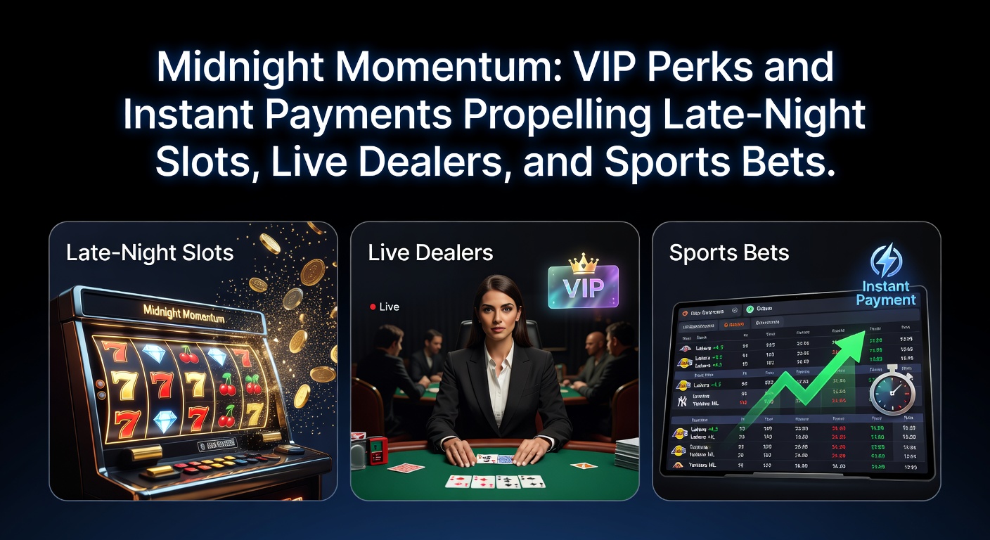 Vibrant late-night casino scene with glowing slot machines, live dealer tables, and sports betting screens under neon lights