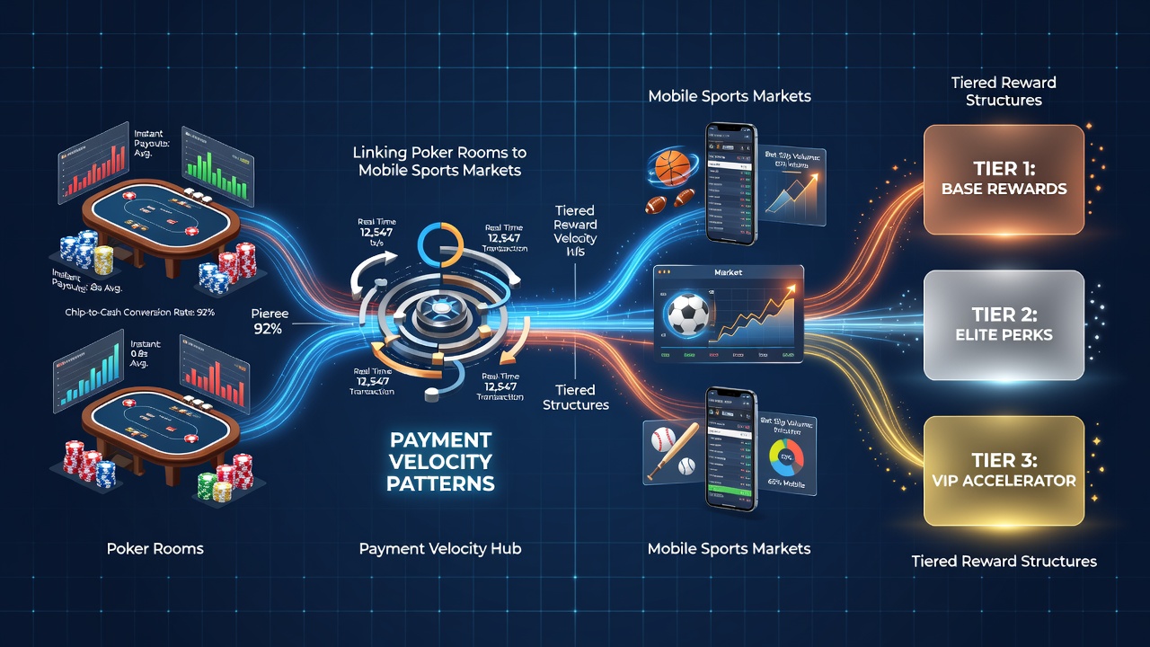 Diagram showing data connections between poker transaction logs and mobile sports betting interfaces in reward hierarchies