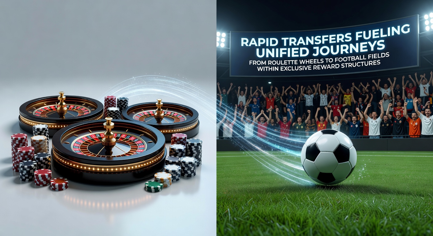 Illustration of rapid digital transfers connecting roulette wheels and football fields within loyalty reward structures