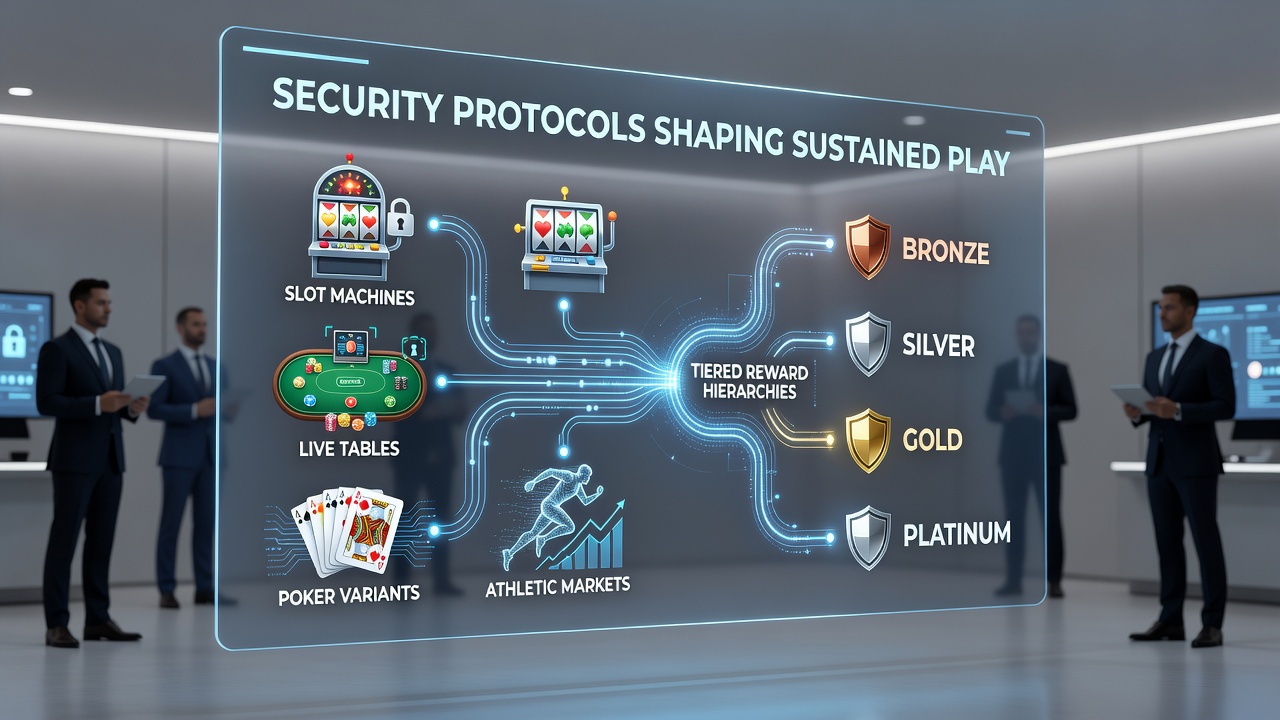 Illustration of encrypted connections linking slot machines, live tables, poker rooms, and sports betting interfaces within secure loyalty frameworks