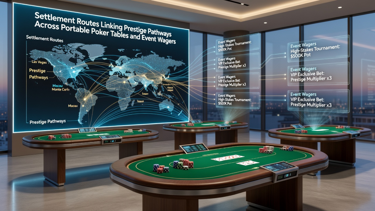 Network diagram showing settlement routes connecting prestige levels between portable poker and sports event wagering environments