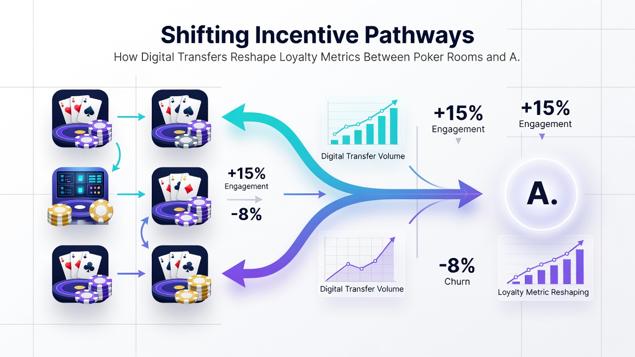 Smartphone screen displaying loyalty point flows between poker and sports betting sections after digital transfer