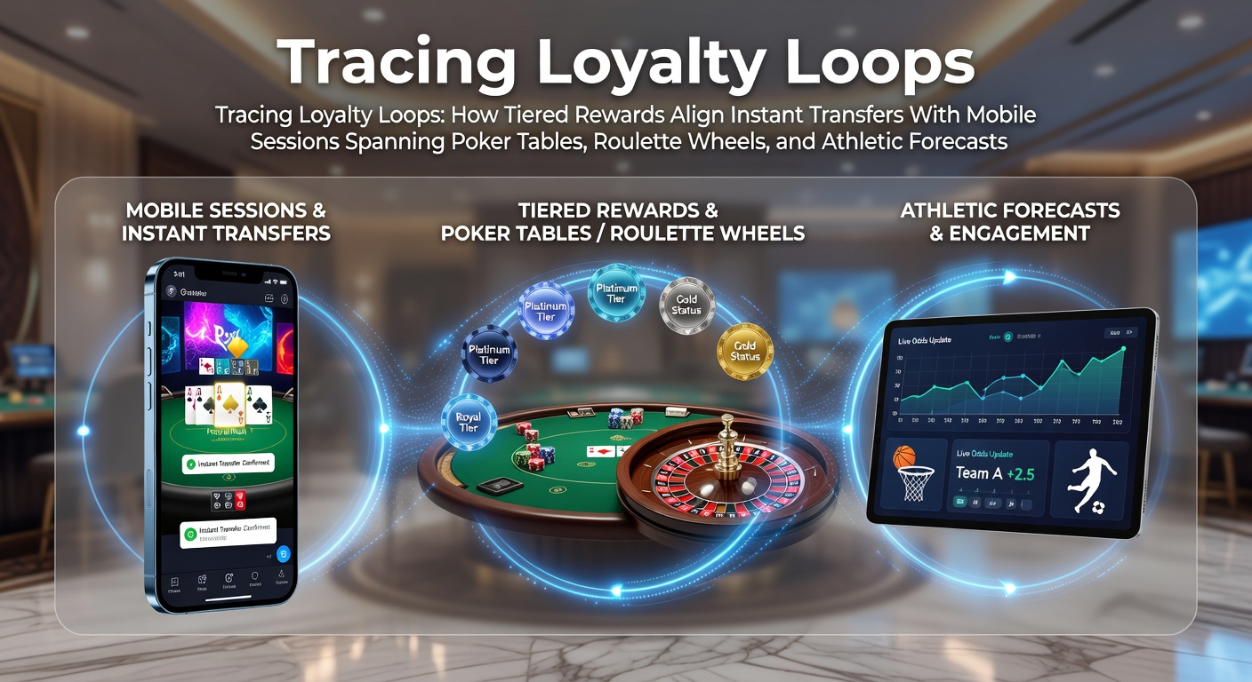 Mobile interface displaying tiered loyalty rewards connecting poker, roulette, and sports betting sessions through instant transfers