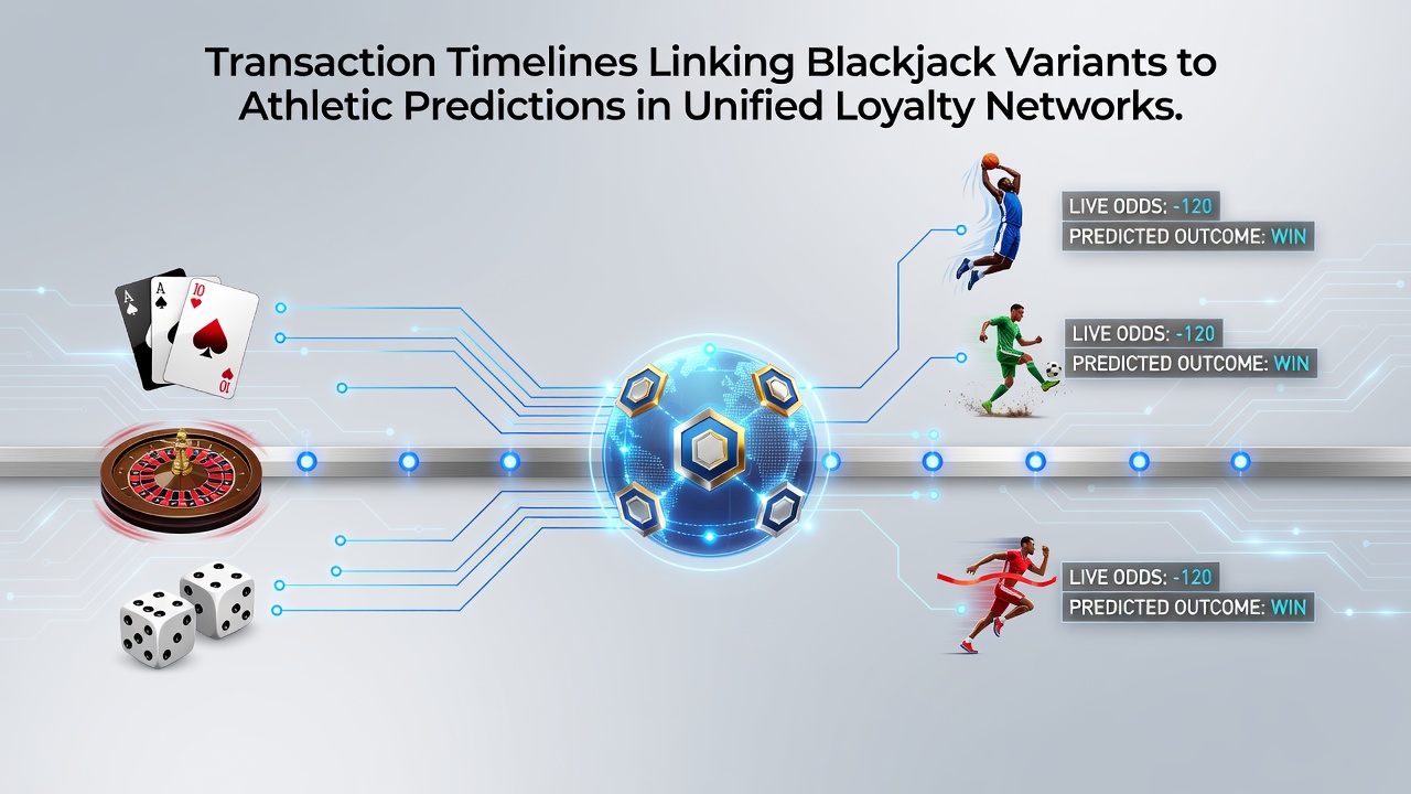 Visualization of transaction timelines connecting blackjack variants and athletic predictions in unified loyalty networks