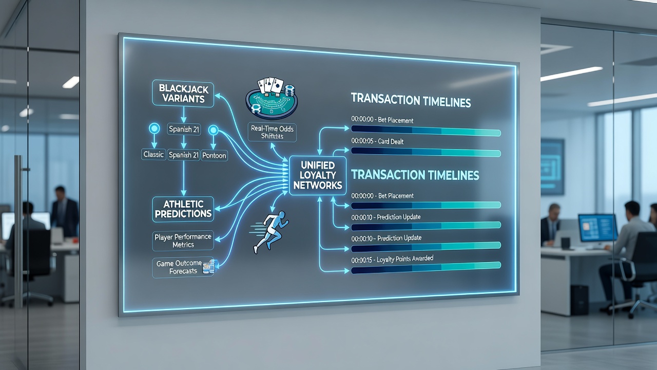 Diagram showing payment flows between blackjack variants, sports predictions, and loyalty tiers